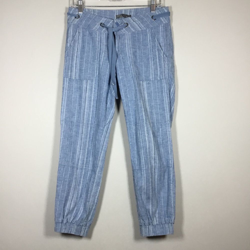 Blue striped Prana joggers yoga  drawstring hemp organic cotton blend waist 33”